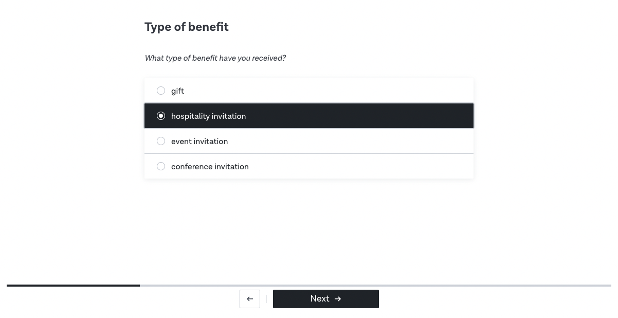 Modern digital compliance tools like this Gift & Hospitality Checker provide users in the business with custom policy-driven guidance on-demand.