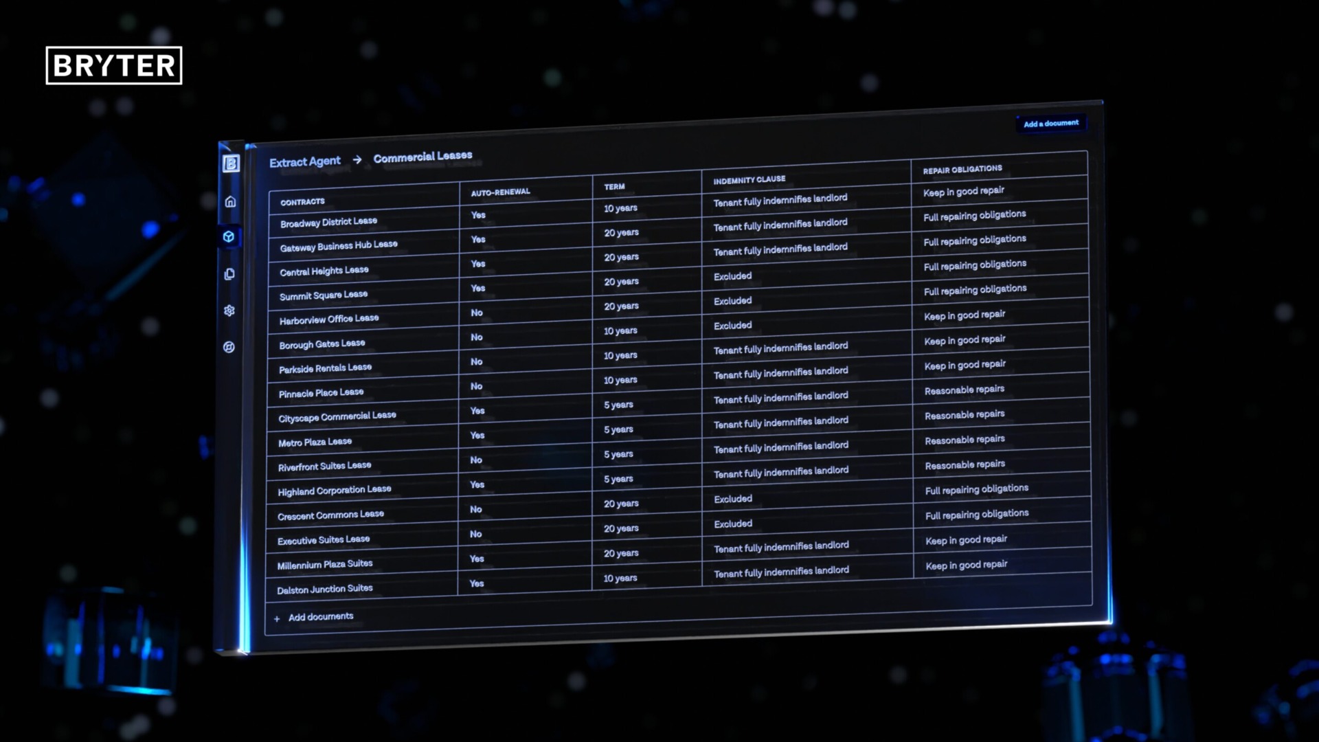 BRYTER Extract Agent interface displaying a table of commercial lease contracts with auto-renewal, indemnity clause, and repair obligations.